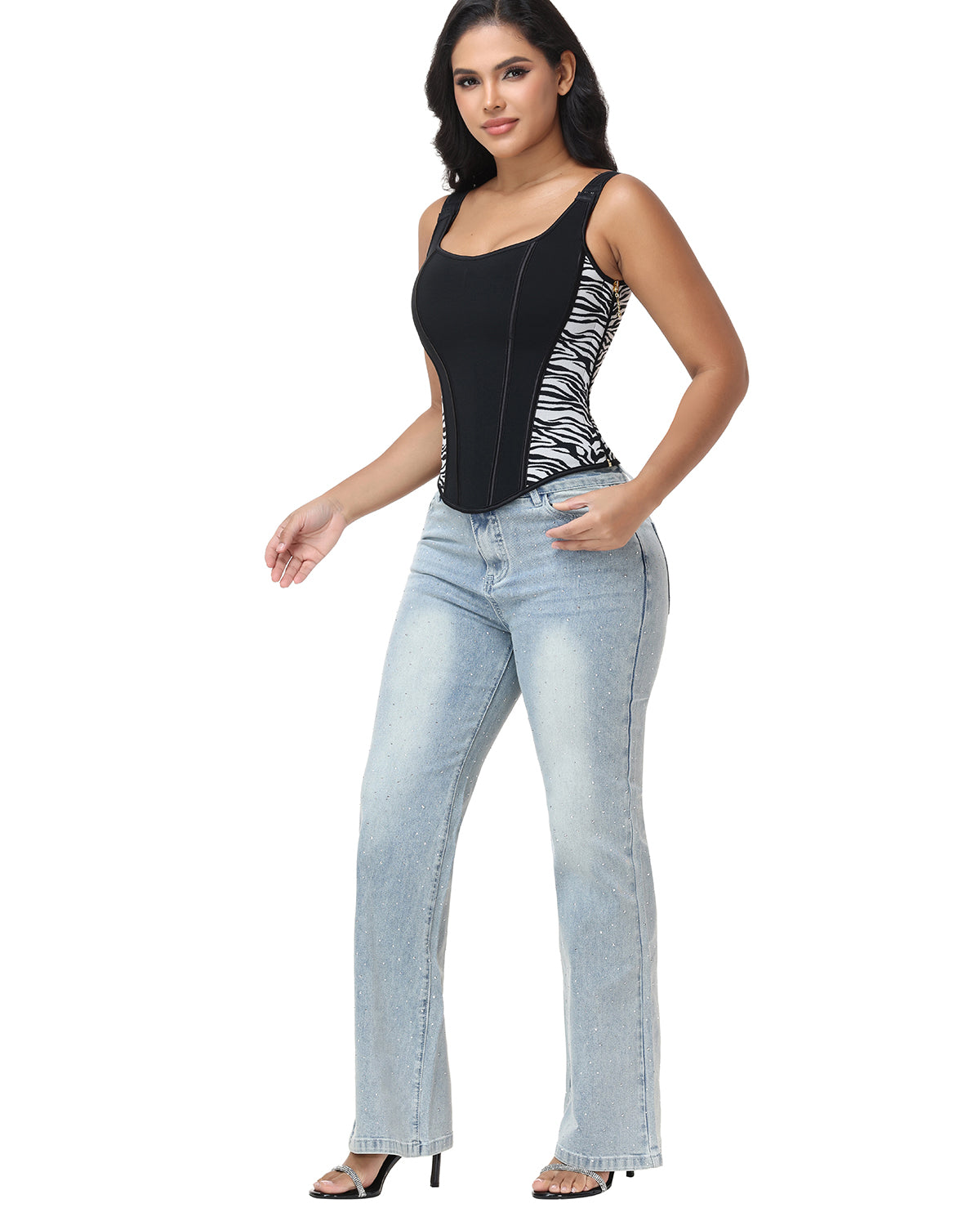 Square Neck Adjustable Strap Zebra Print Tummy Control Waist Trainer Vest