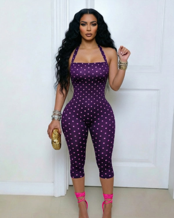 Polka Dot Halter Neck Open Back Skinny Capri Jumpsuit - By Qivii