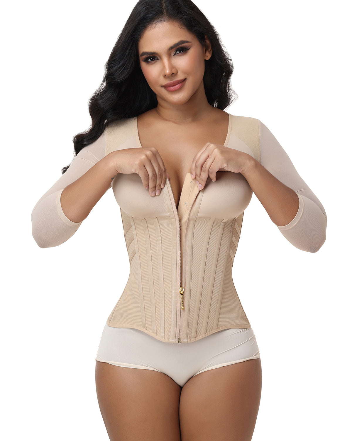 V Neck 3/4 Mesh Sleeve Zipper Waist Trainer High Compression Shaping Top