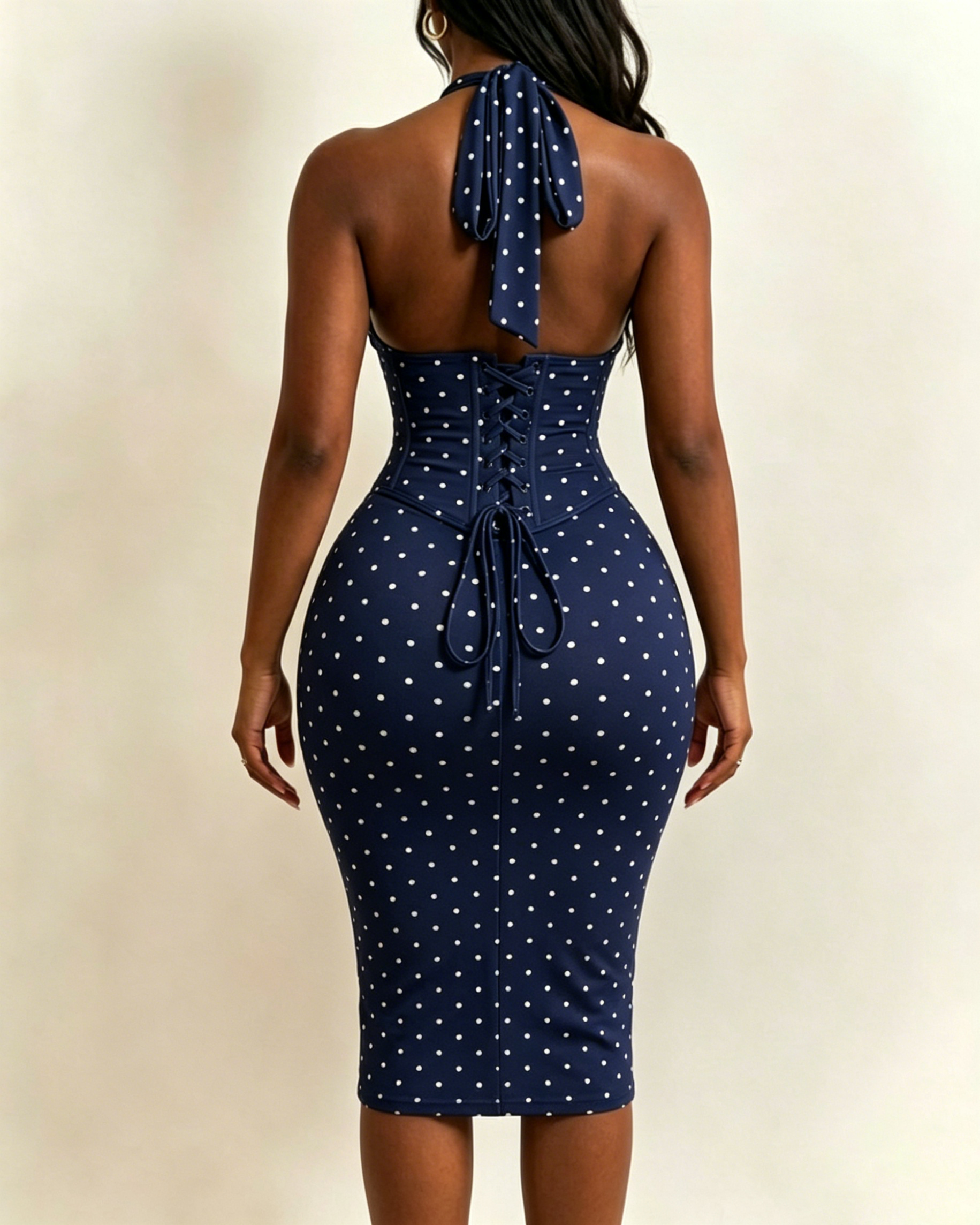 Polka Dot Corset Halter Midi Dress with Lace-Up Back - By Qivii