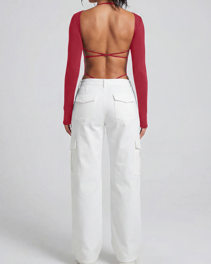 Square Neck Long Sleeve Backless Thong Slim Fit Bodysuit