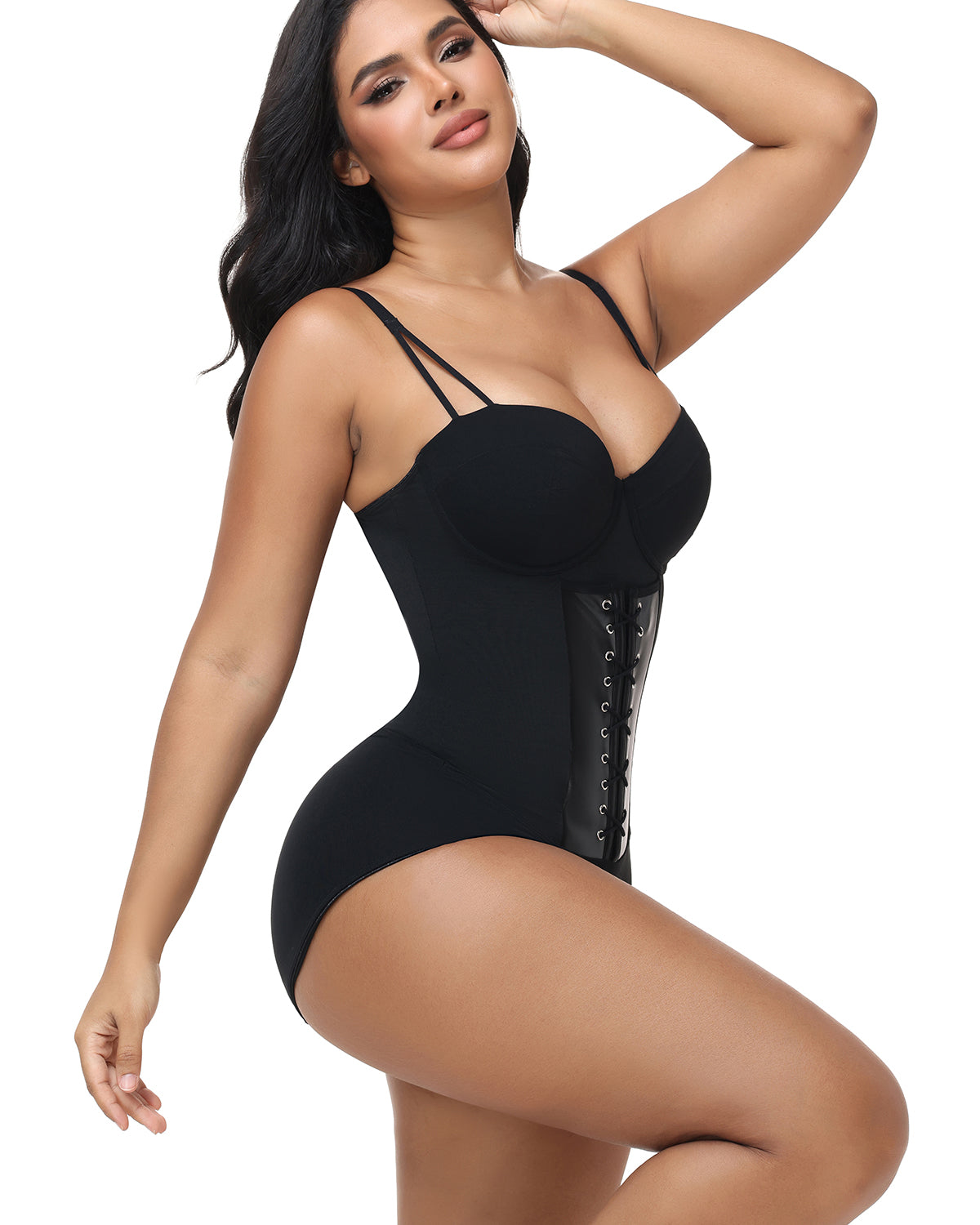 V Neck Double Thin Strap Leather Lace Up Tummy Control Bodysuit