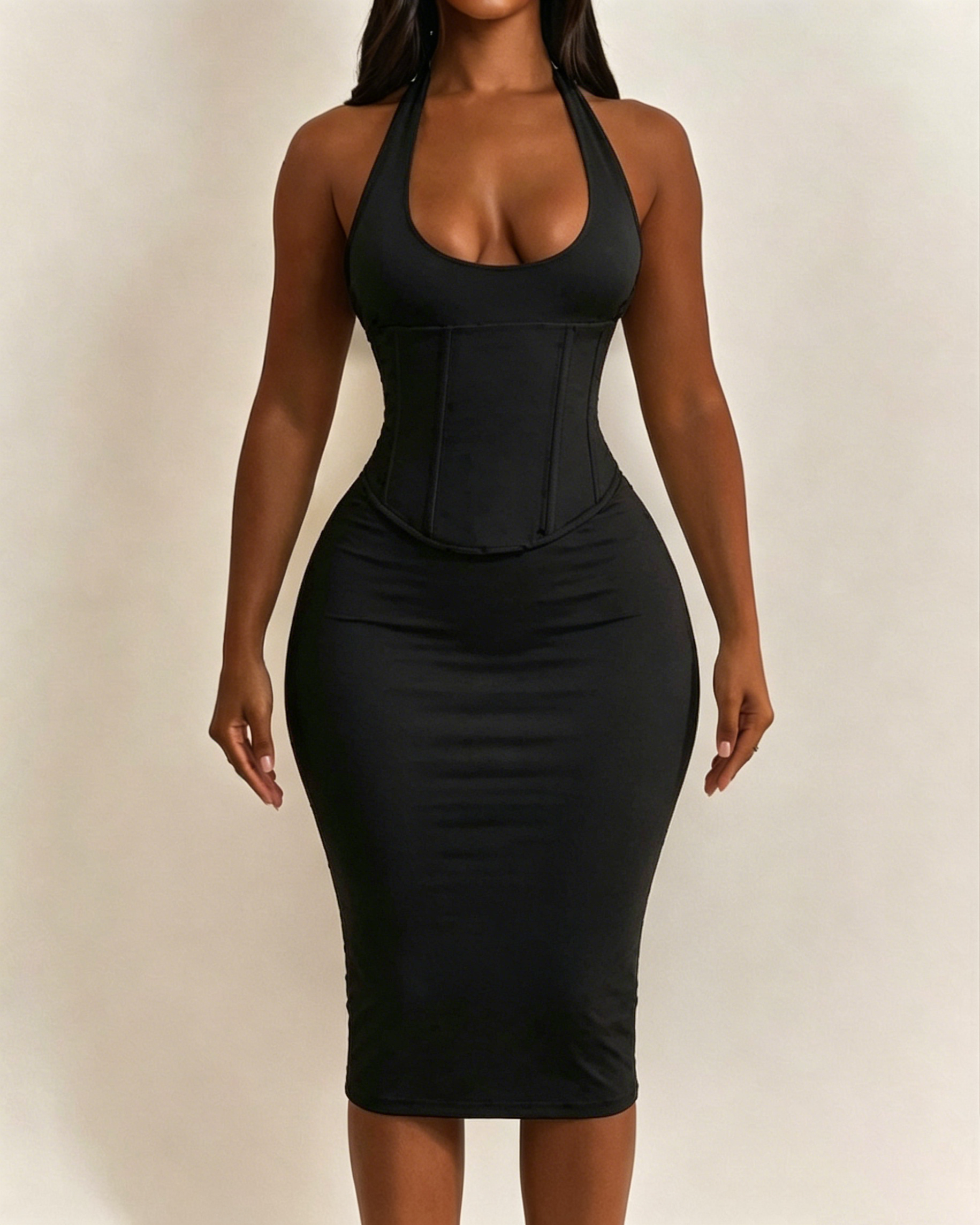 Polka Dot Corset Halter Midi Dress with Lace-Up Back - By Qivii