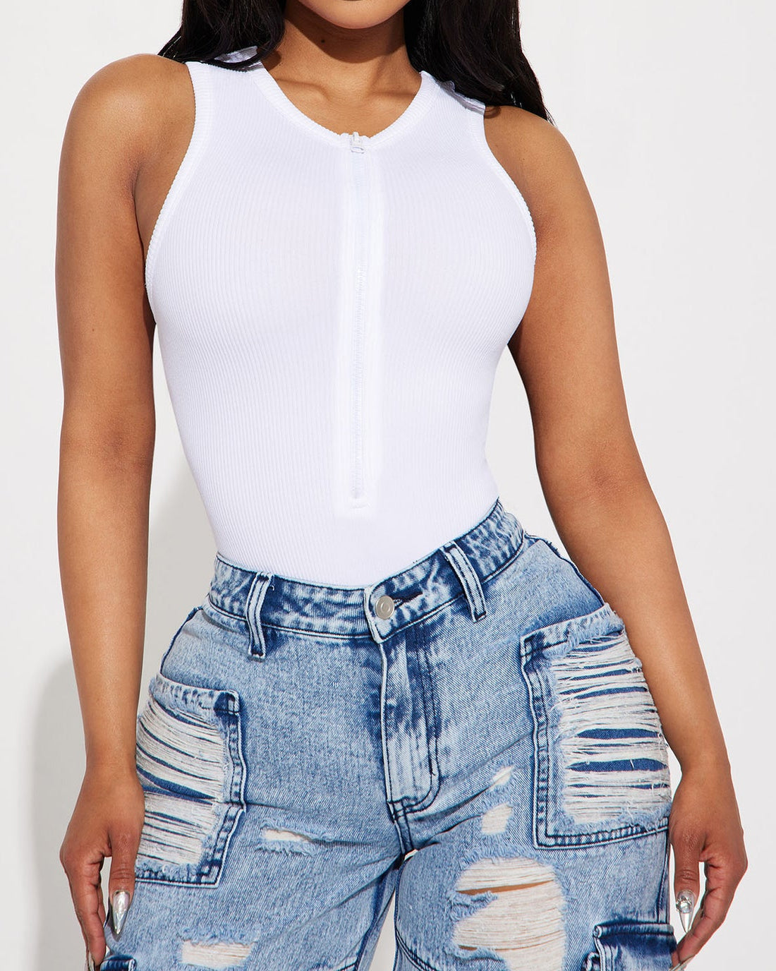 Crew Neck Invisible Zip Ribbed Seamless Bodysuit - By Qivii