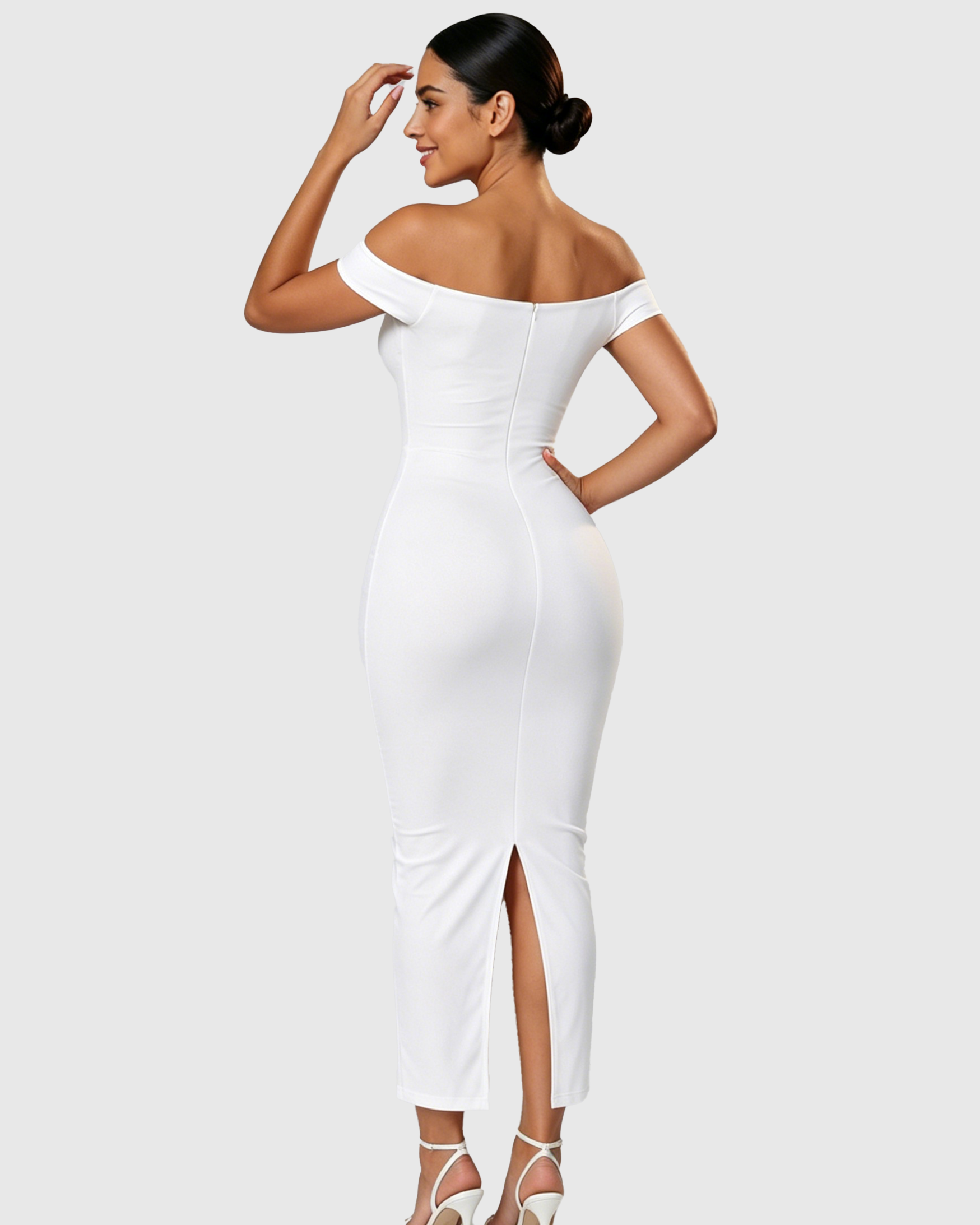 Off Shoulder Ruched Bust Bodycon Maxi Dress with Back Slit - By Qivii