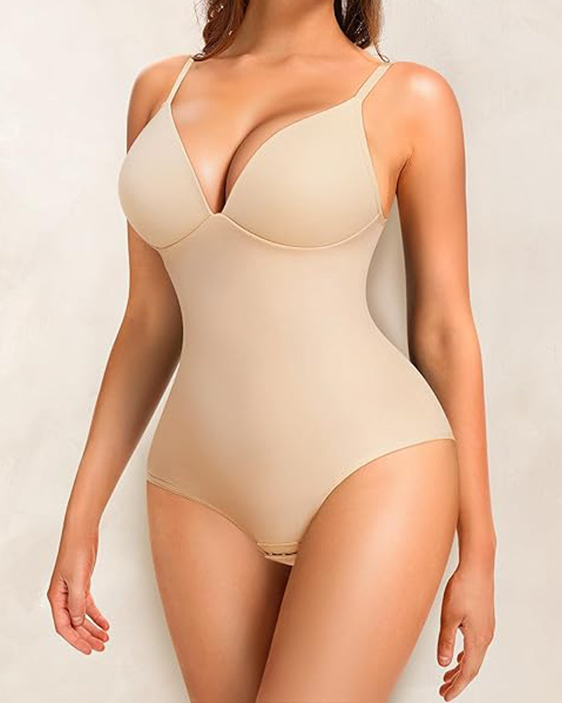 Deep V-Neck Smooth Tummy Control Bodysuits Shapewear with Built in Bra - By Qivii