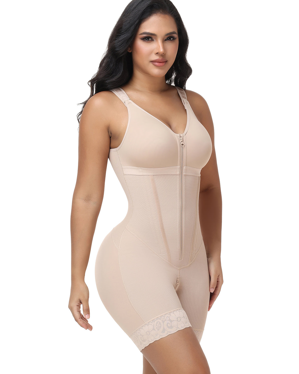 V Neck Front Zip Tummy Control Full Body Shapewear