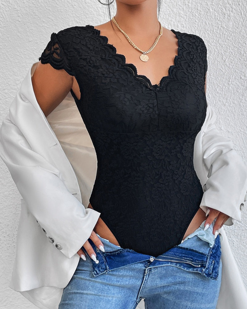 Sexy Deep V Neck Lace Short Sleeve Bodysuit One Piece Slim Fit Body Shaper