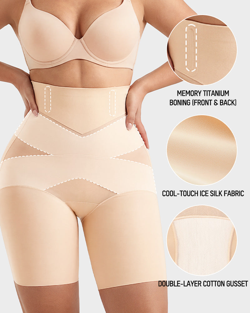 High Waist Mesh Panel Tummy Control Butt Lifting Shaper Shorts