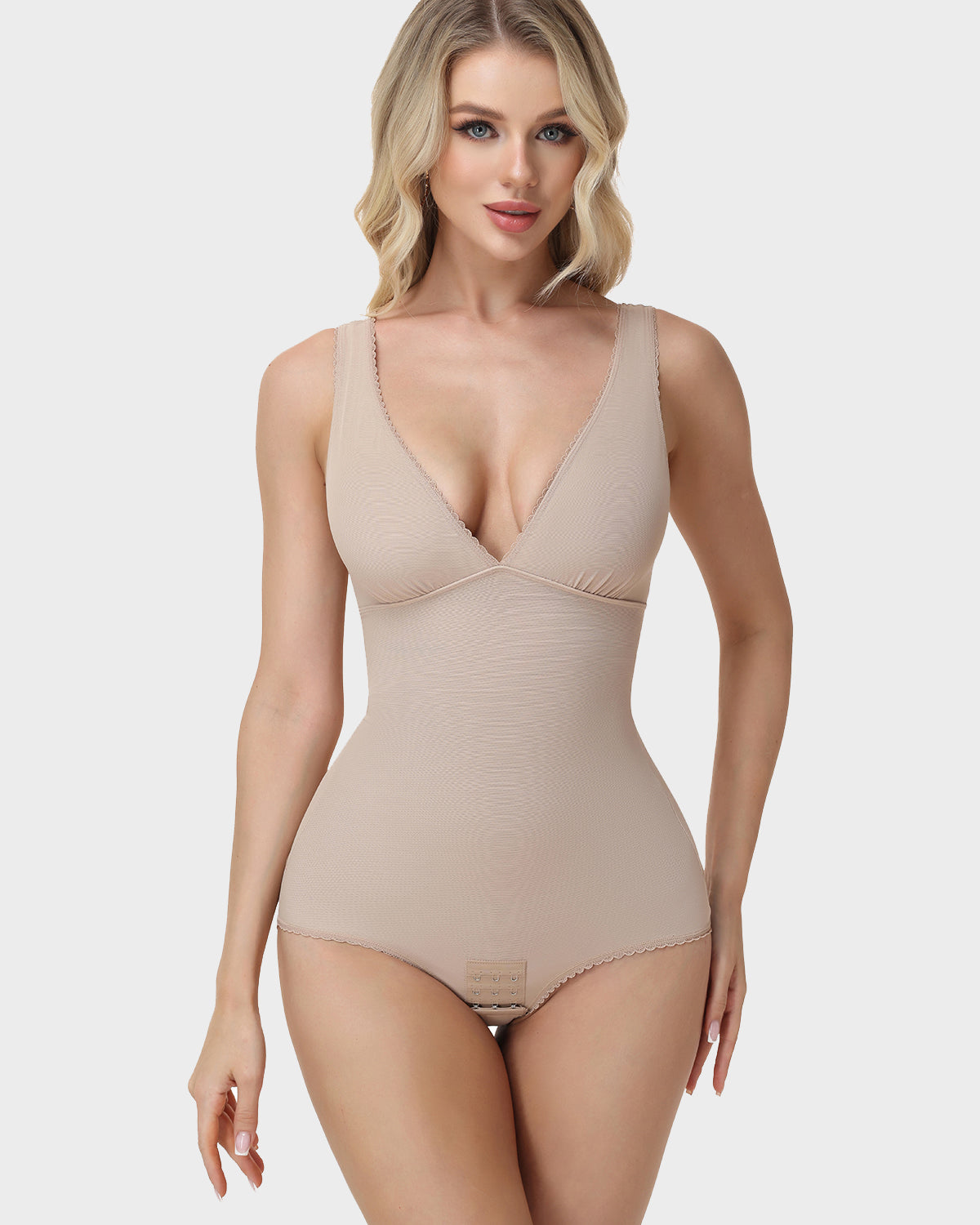 V Neck Lace Trim Sleeveless Bodysuit Tummy Control Butt Lifting Shaper
