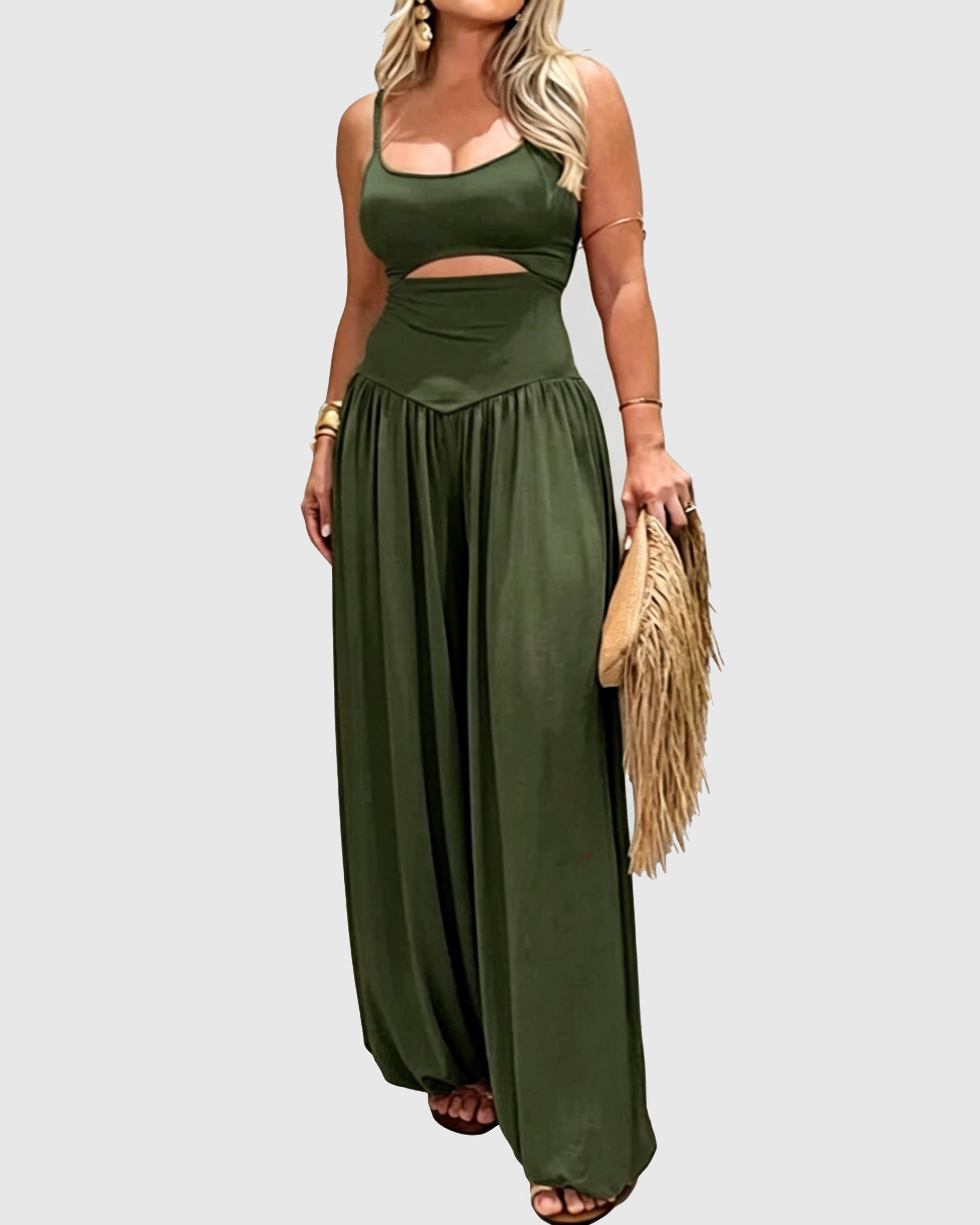 Solid Color Cut-out Cami Backless Jumpsuit - By Qivii