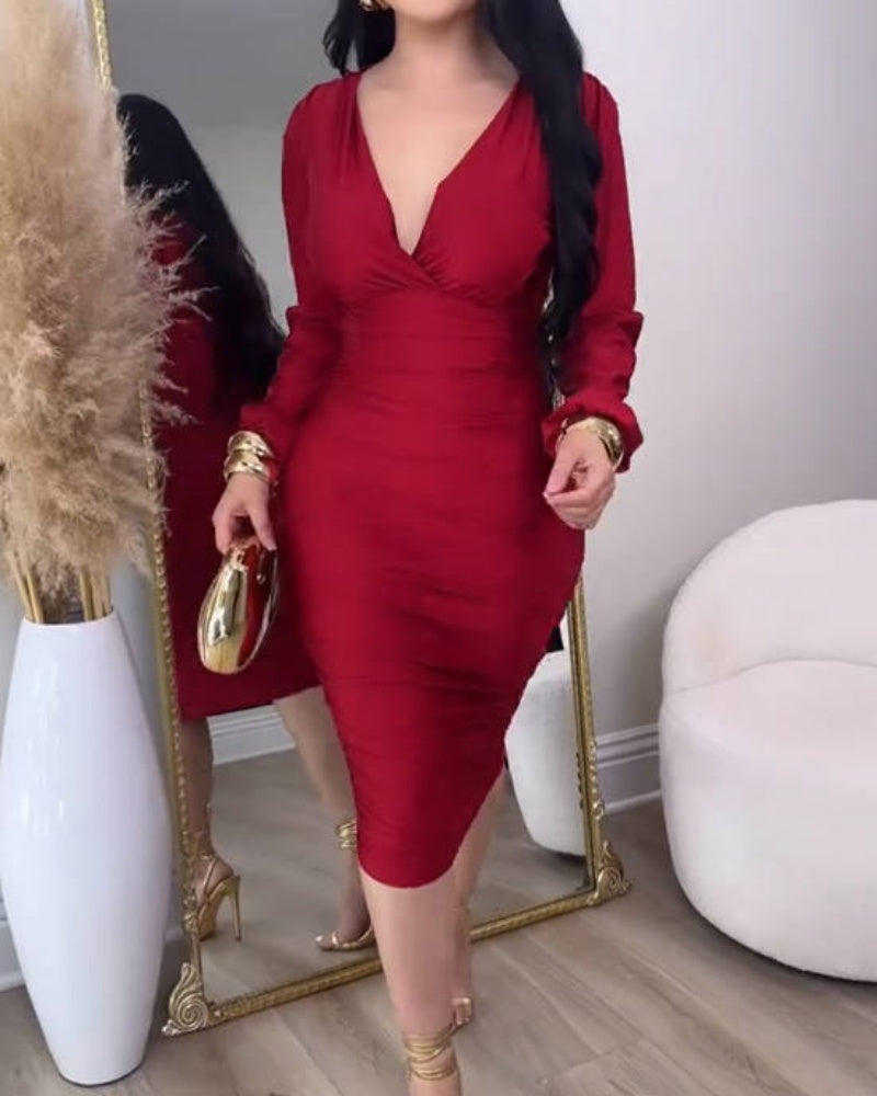 Deep V Neck Long Sleeves Ruched Bodycon Midi Dress - By Qivii