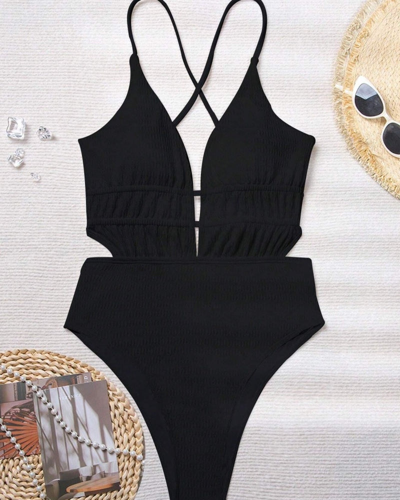 Sexy Backless Deep V Tummy Control Swimsuit Back Lace Up - By Qivii