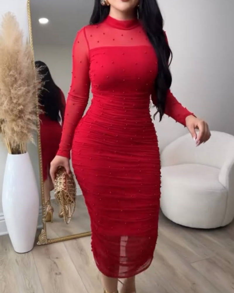 Elegant Mesh Paneled Ruched Bodycon Midi Dress with Mock Neck - By Qivii