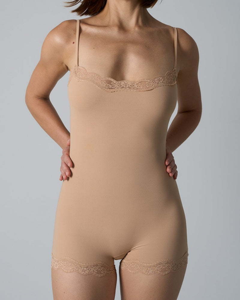Lace Trim Sculpting shapewear Bodysuit with Adjustable Spaghetti Straps