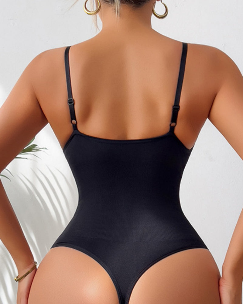 Seamless Plunge Neck Tummy Control Thong Shapewear Bodysuit