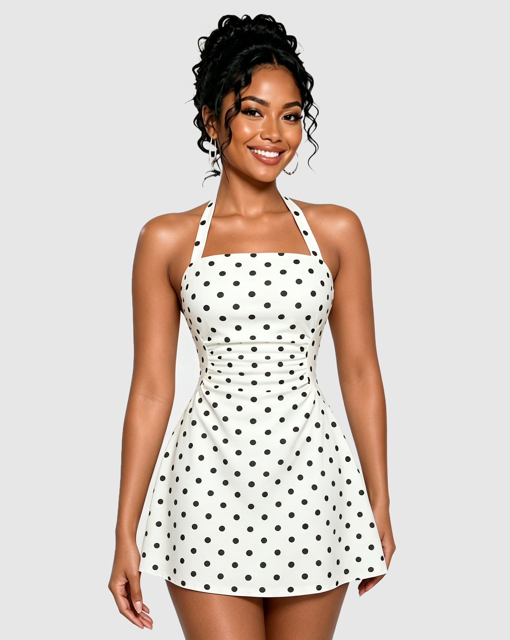 Polka Dot Halter Tie Back Ruched Flare Mini Dress - By Qivii