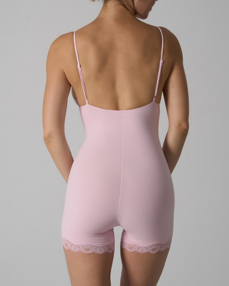 Triangle Cup Seamless Suspenders Shapewear Bodysuit With Lace Trim - By Qivii