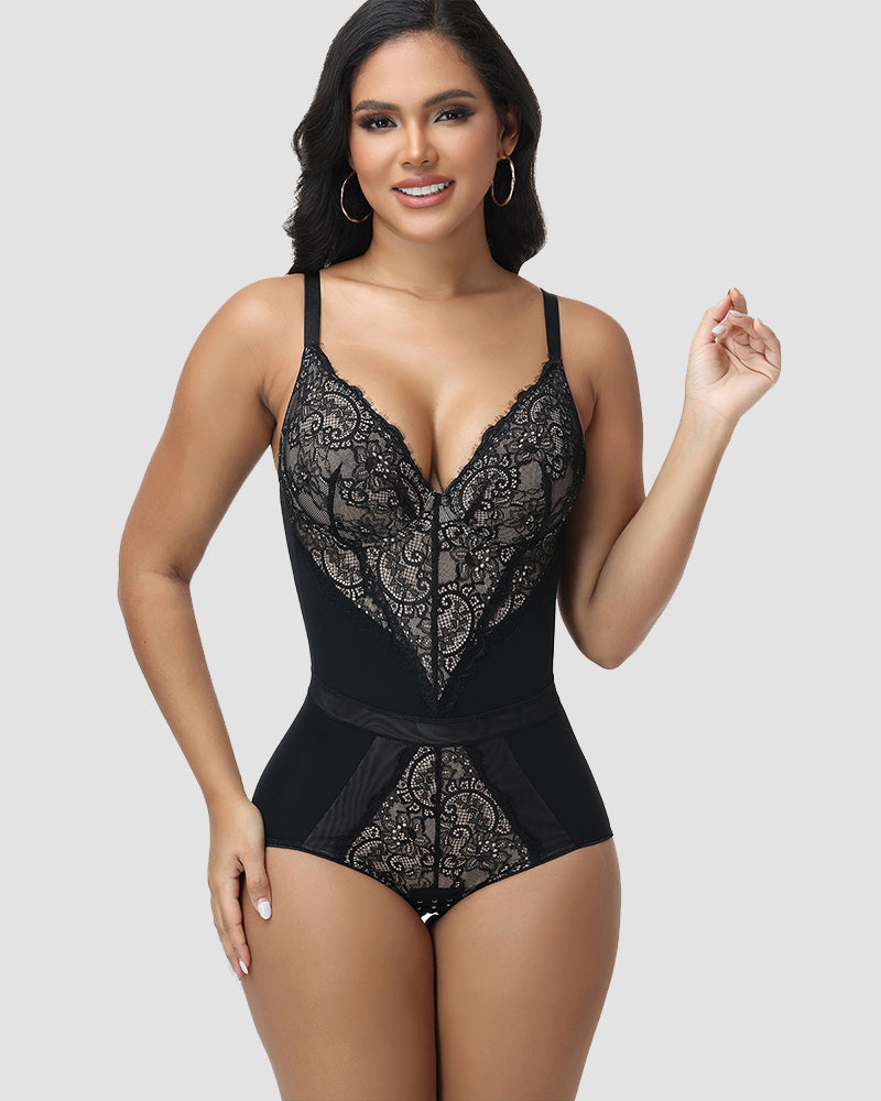 Shapshe® Elegant Lace Trim Deep V-Neck Shapewear Bodysuit