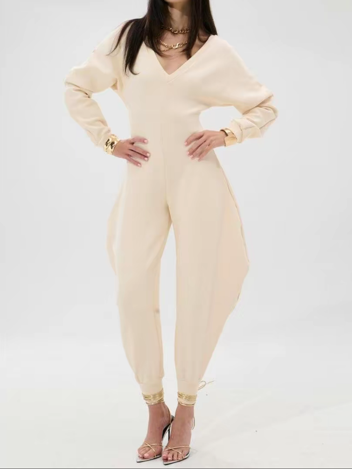 Cozy V Neck Baggy Long Sleeve Jumpsuit - By Qivii