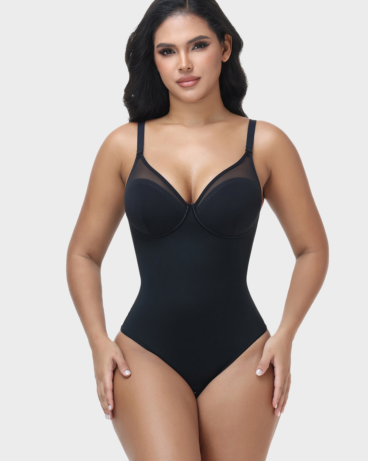 Mesh V Neck Thong Bodysuit Adjustable Straps Lace Up Back Tummy Control Shapewear