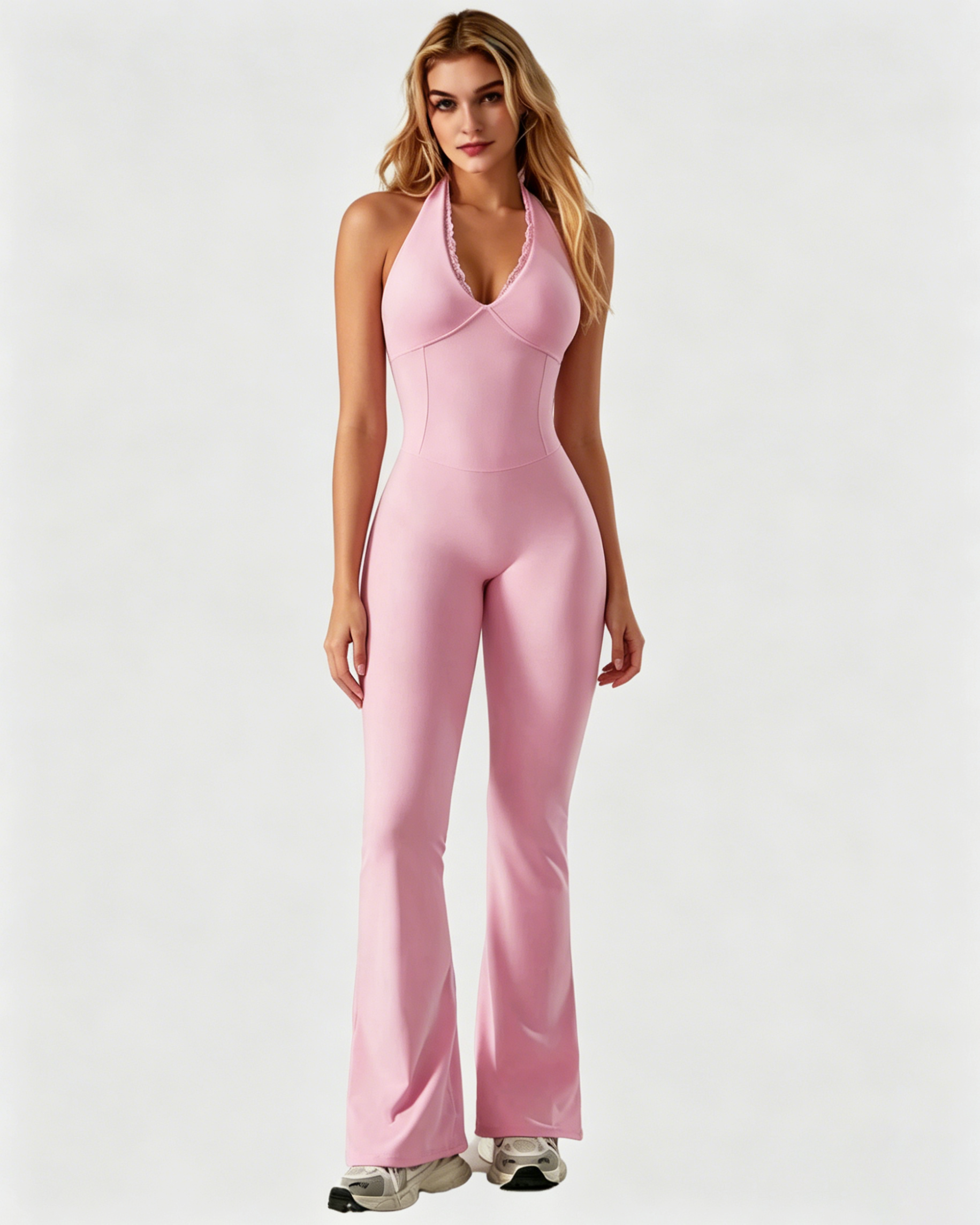 V-neck Lace-trimmed Halter Neck Yoga Sports Fitted Jumpsuit - By Qivii