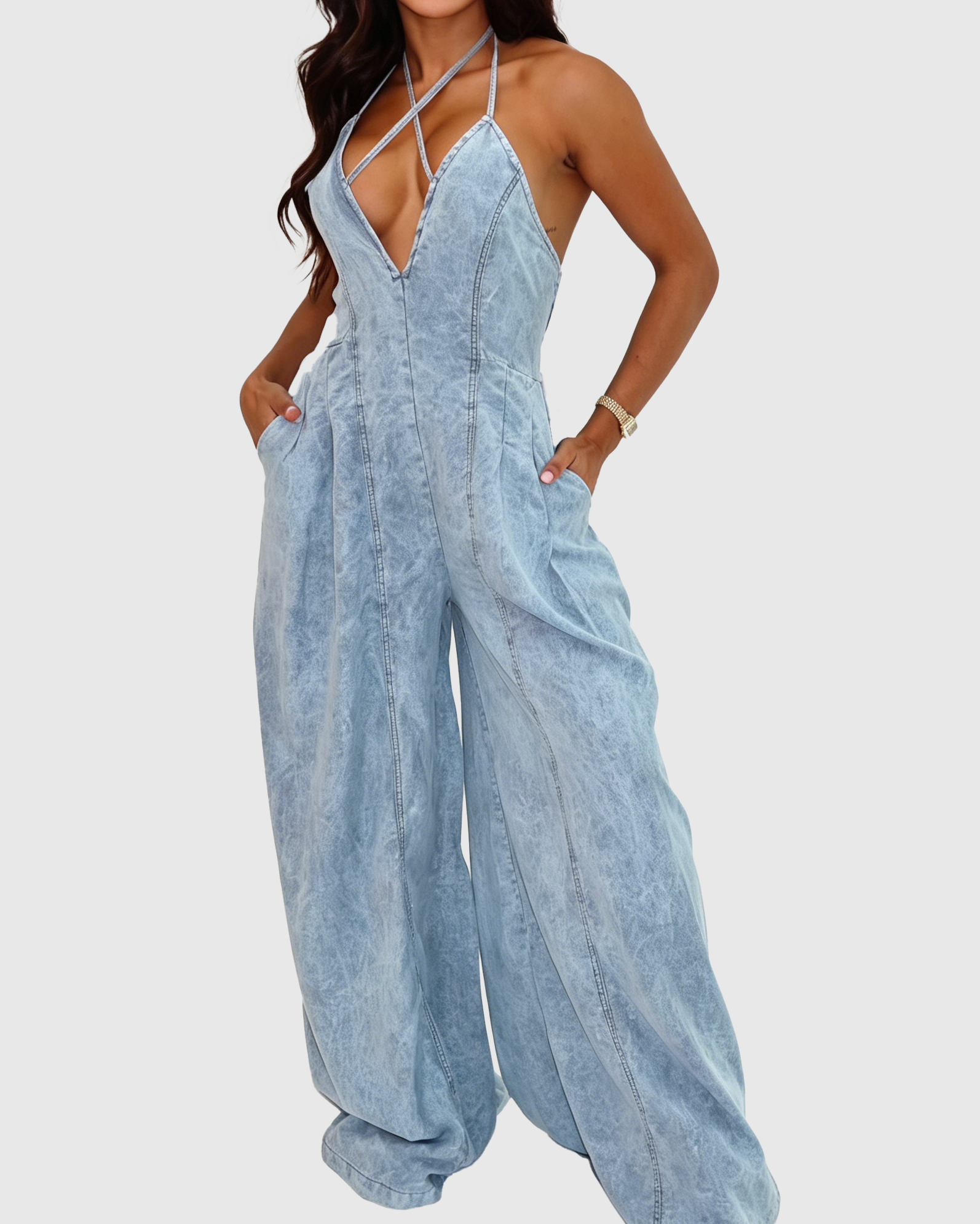 Criss Cross Halter Ruched Back Wide Leg Denim Jumpsuit - By Qivii