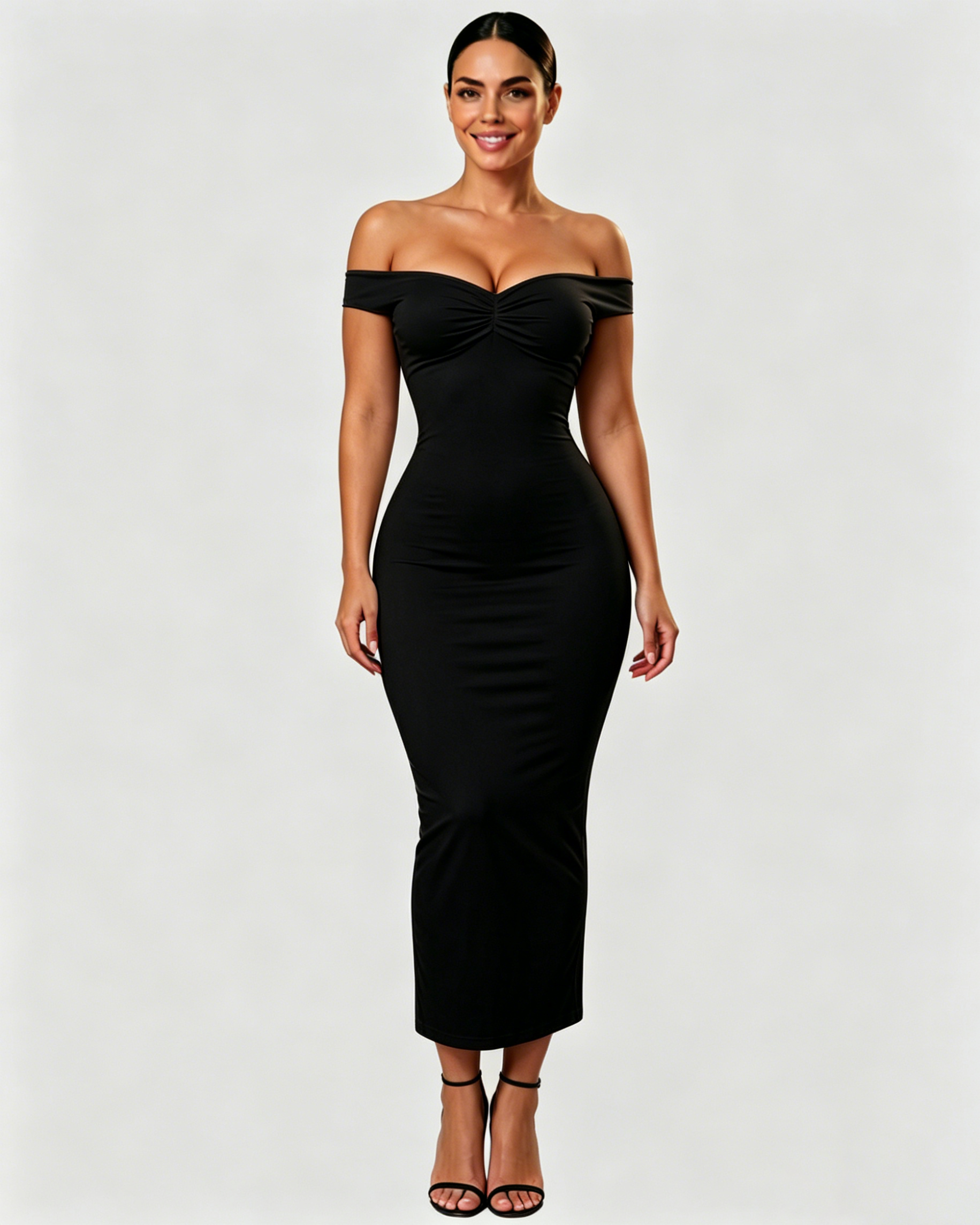 Off Shoulder Ruched Bust Bodycon Maxi Dress with Back Slit - By Qivii