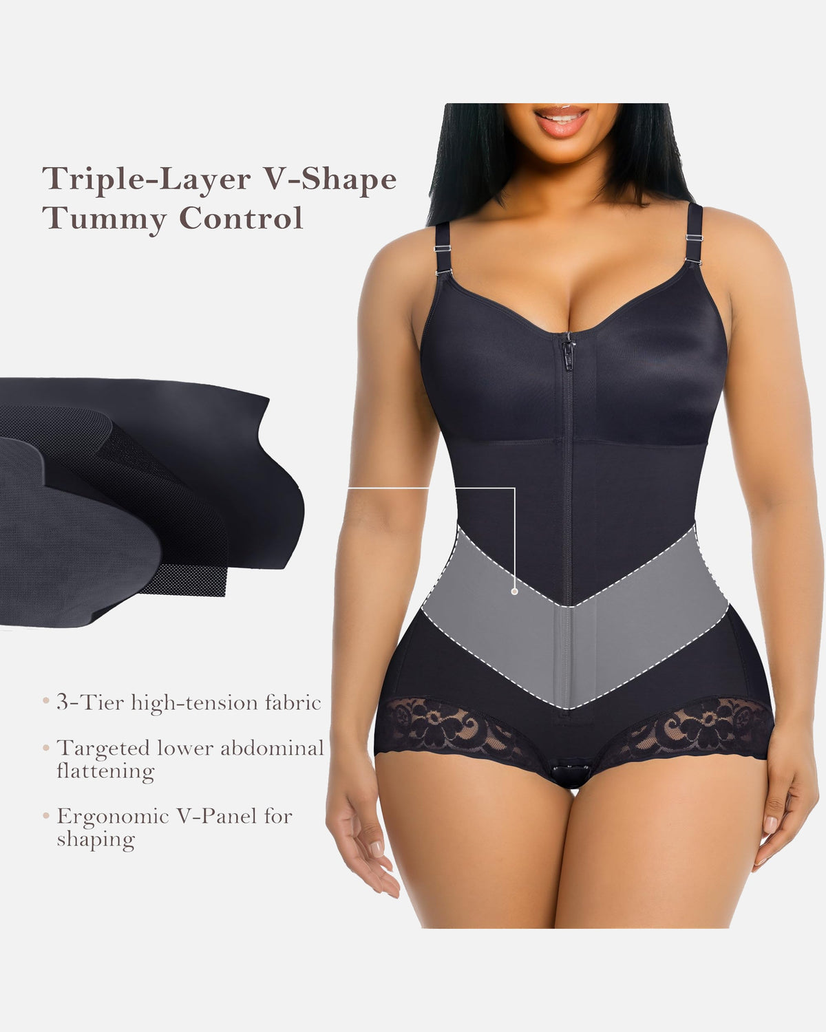 Lace Trim Adjustable Strap Tummy Control Butt Lifting Zipper Bodysuit
