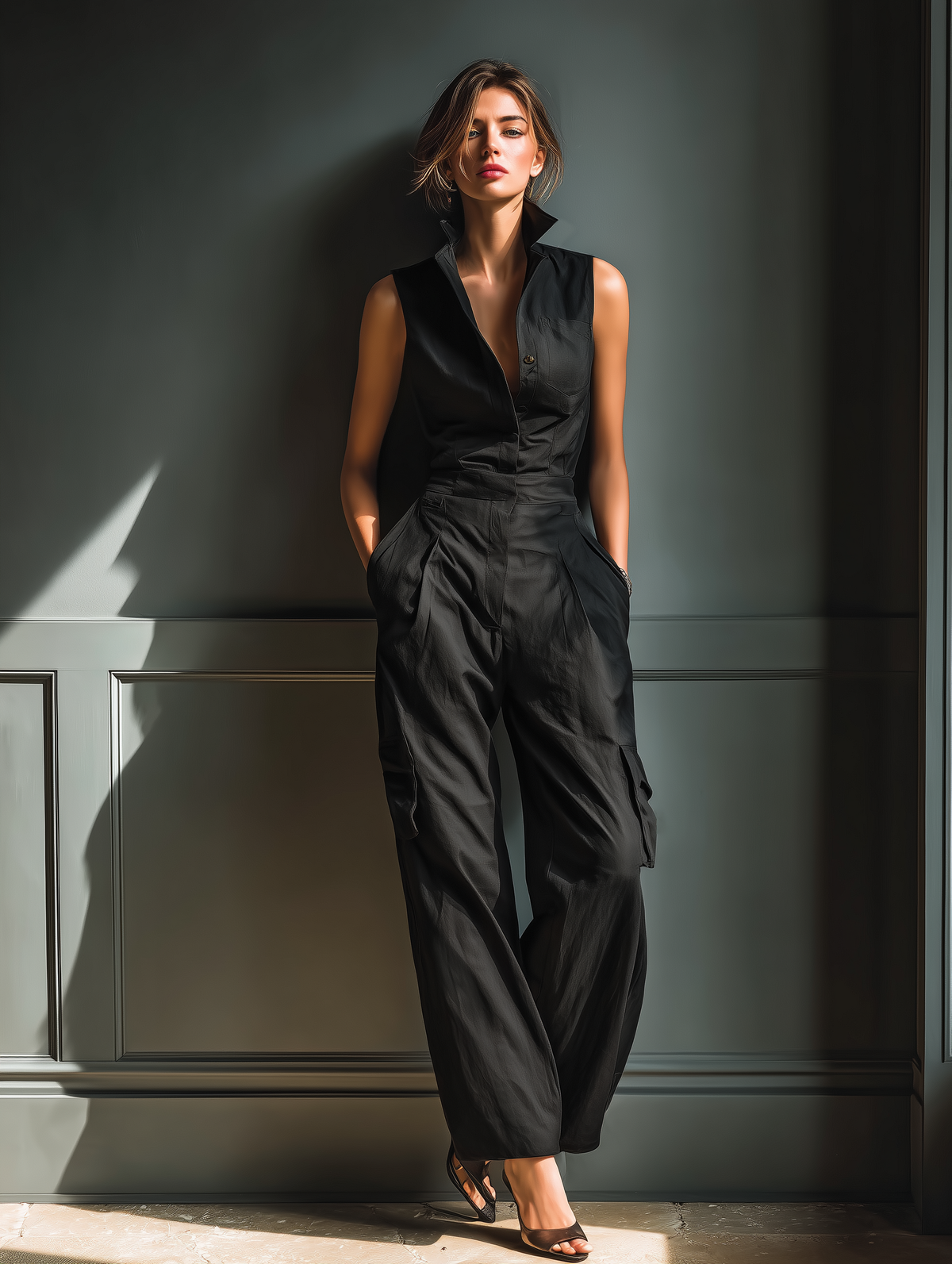 Women's Black Cotton And Linen Blend Sleeveless Collared Jumpsuit With Cargo Pockets MDZ0908A3T