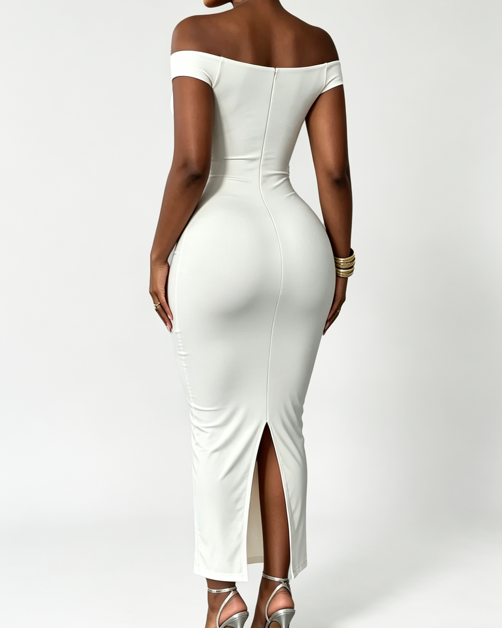 Off Shoulder Ruched Bust Bodycon Maxi Dress with Back Slit - By Qivii