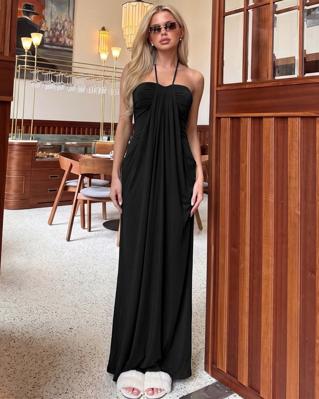 Halter Tie Back Built-in Bra Maxi Dress with Pockets - By Qivii