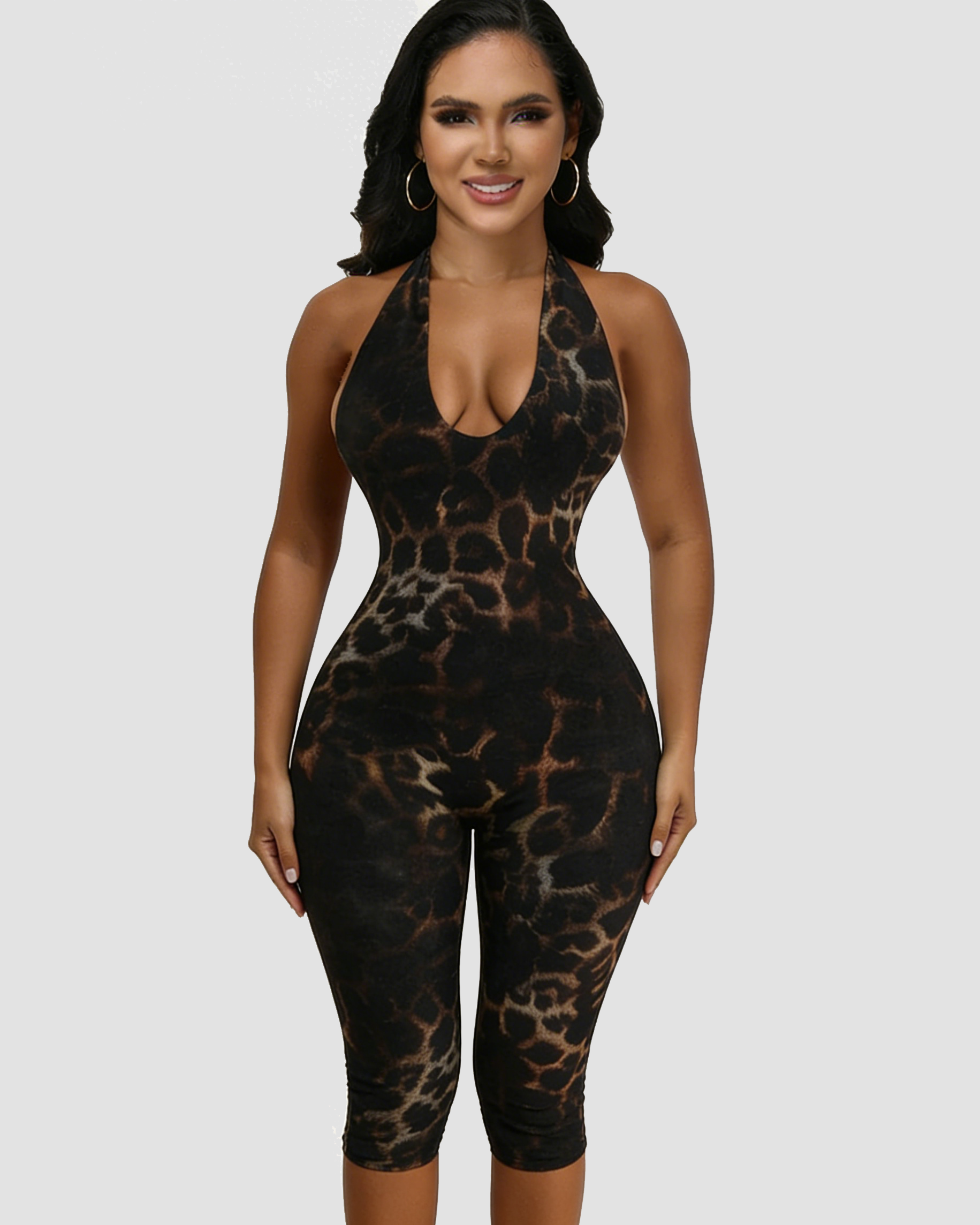 Leopard Print Backless Halter Neck Tight-Fitting Hip-Lifting Jumpsuit - By Qivii