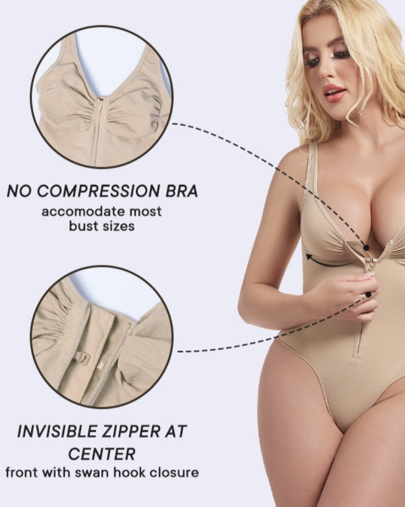 Deep V Seamless Backless Triangle Shapewear Bodysuit with Front Zipper - By Qivii