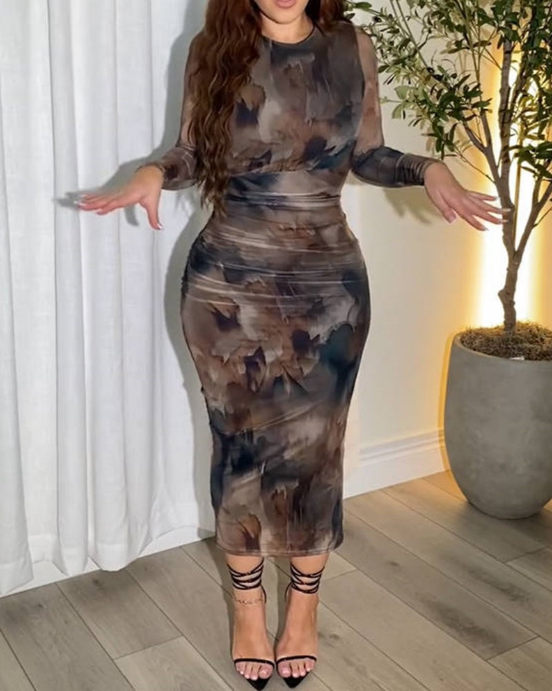 Tie Dye Mesh Long Sleeve Bodycon Midi Dress - By Qivii