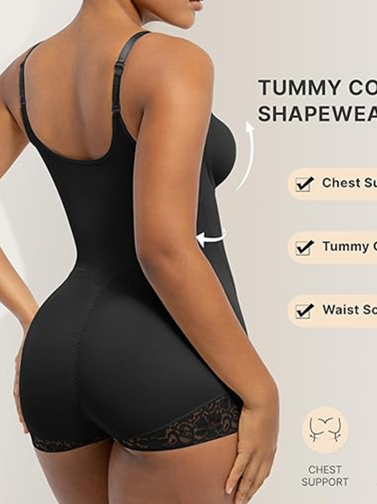 Lace-trimmed Tummy Control Zipper Shapewear Bodysuit