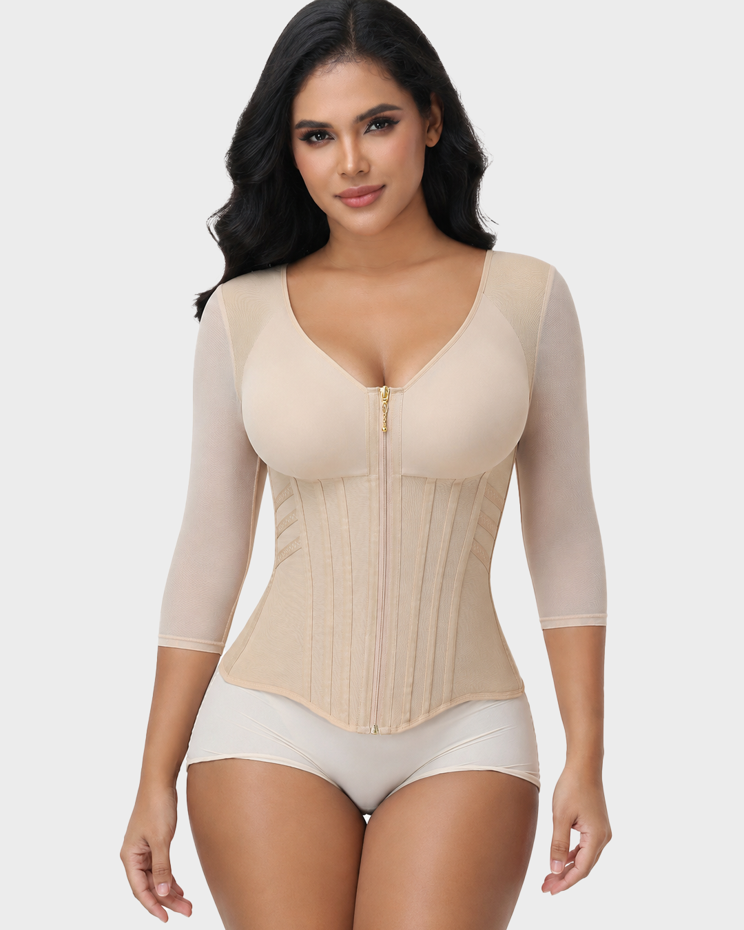 V Neck 3/4 Mesh Sleeve Zipper Waist Trainer High Compression Shaping Top