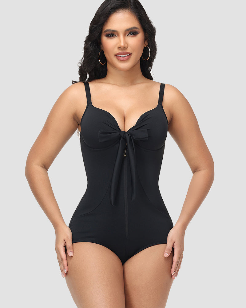 Shapshe® Shaping V Neck Swimsuit with Zipper and Bow - By Qivii
