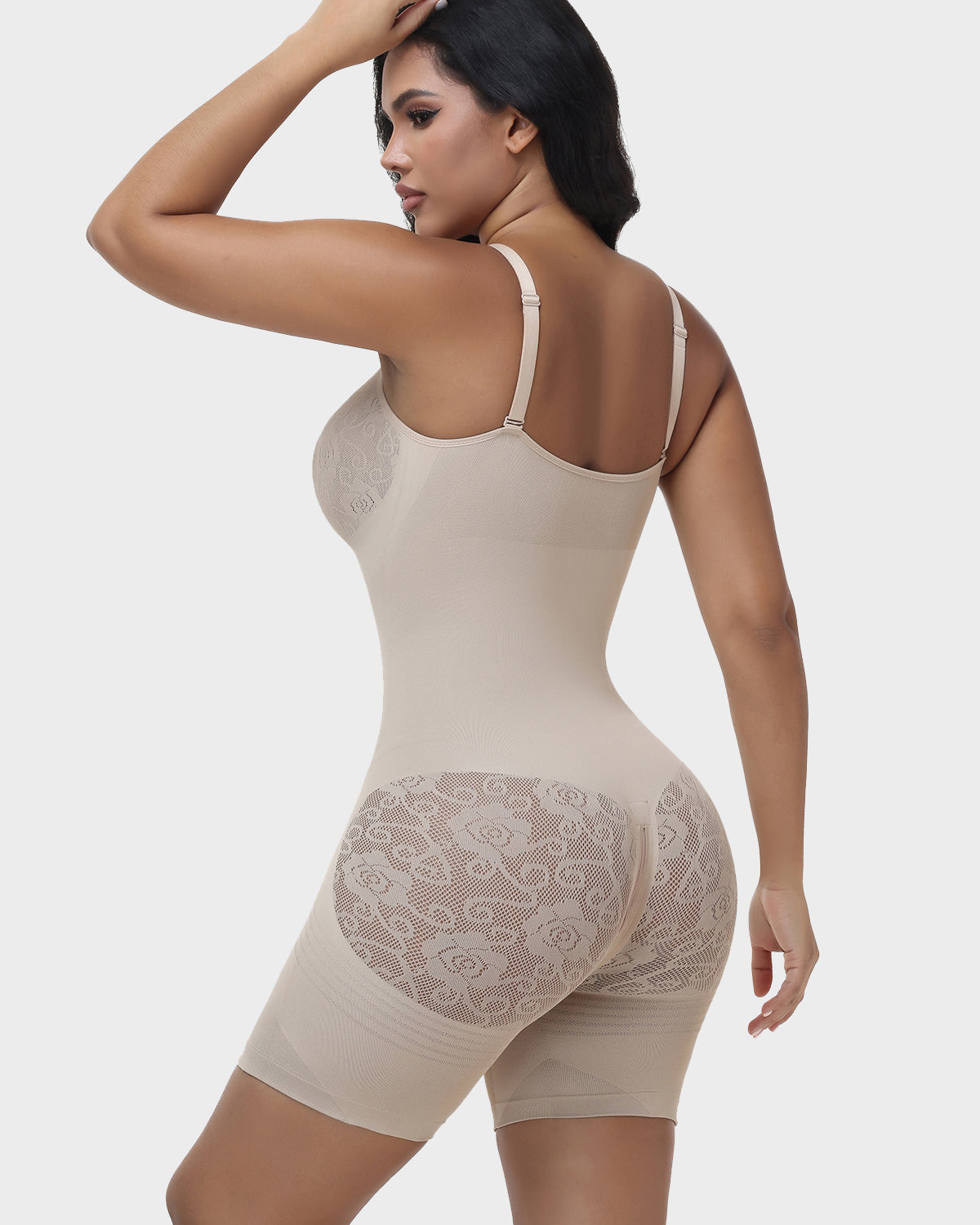 High Compression Adjustable Strap Mid Thigh Front Zipper Lace Full BodyShapewear