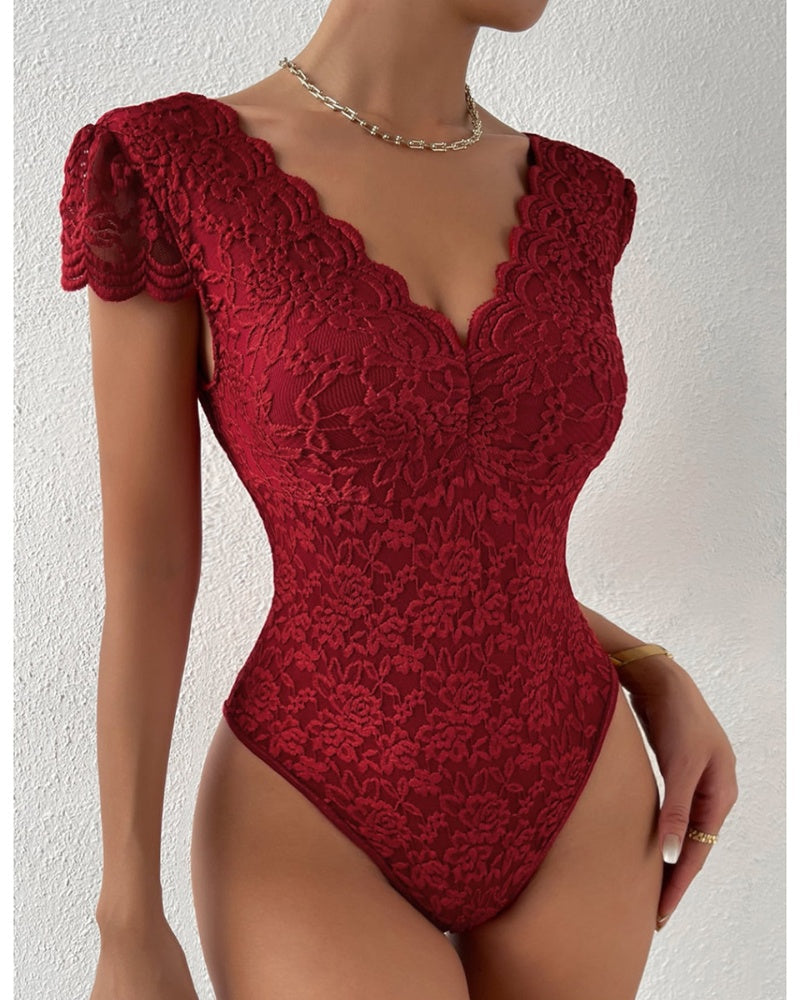 Sexy Deep V Neck Lace Short Sleeve Bodysuit One Piece Slim Fit Body Shaper