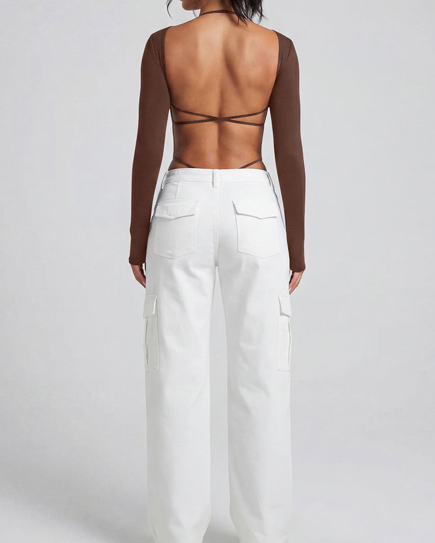 Square Neck Long Sleeve Backless Thong Slim Fit Bodysuit