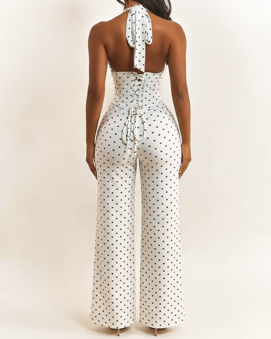 Polk Dot Halter-Neck Backless Detachable Corset Wide-leg Jumpsuit Two-Piece Set - By Qivii