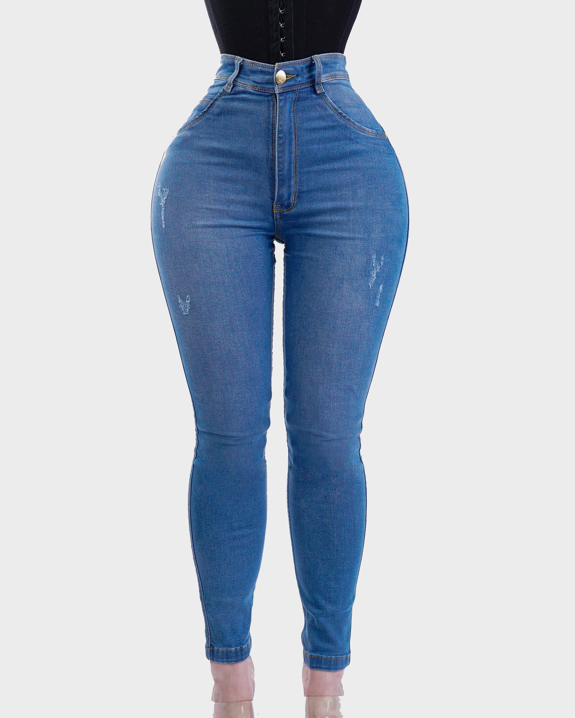 High Waist Ripped Skinny Butt Lifting Stretch Jeans - By Qivii