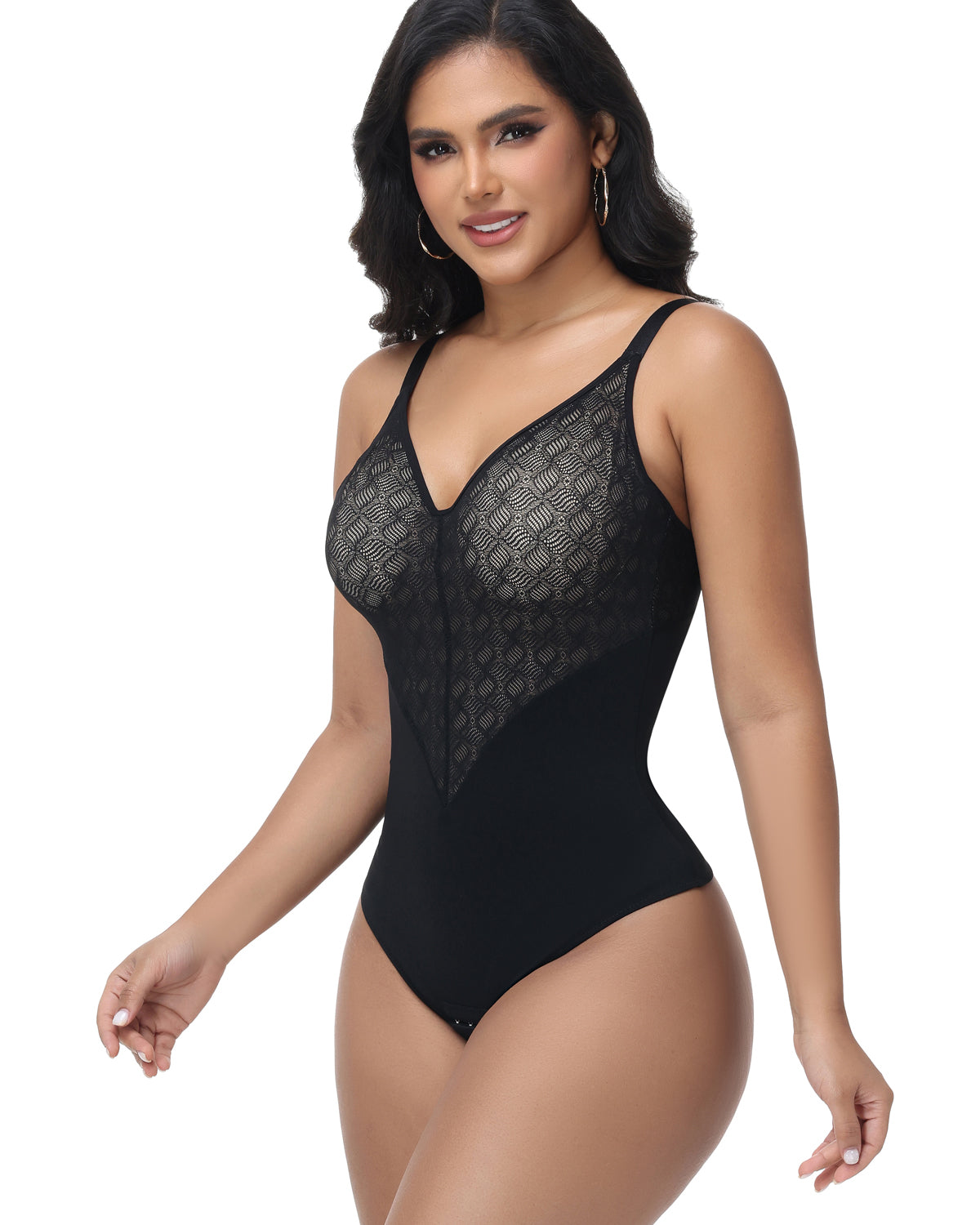 Shapshe® V Neck Sheer Lace Tummy Control Shapewear Bodysuit