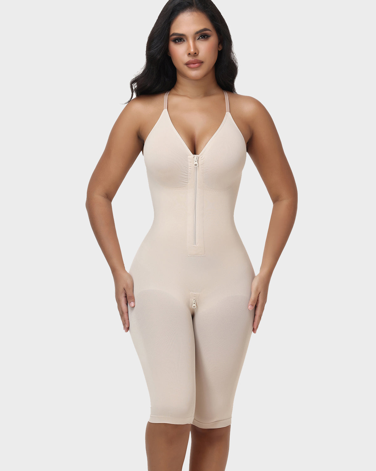 V Neck Front Zip Crisscross Back Knee Length Tummy Contro Bodysuit Butt Lifting Shaper