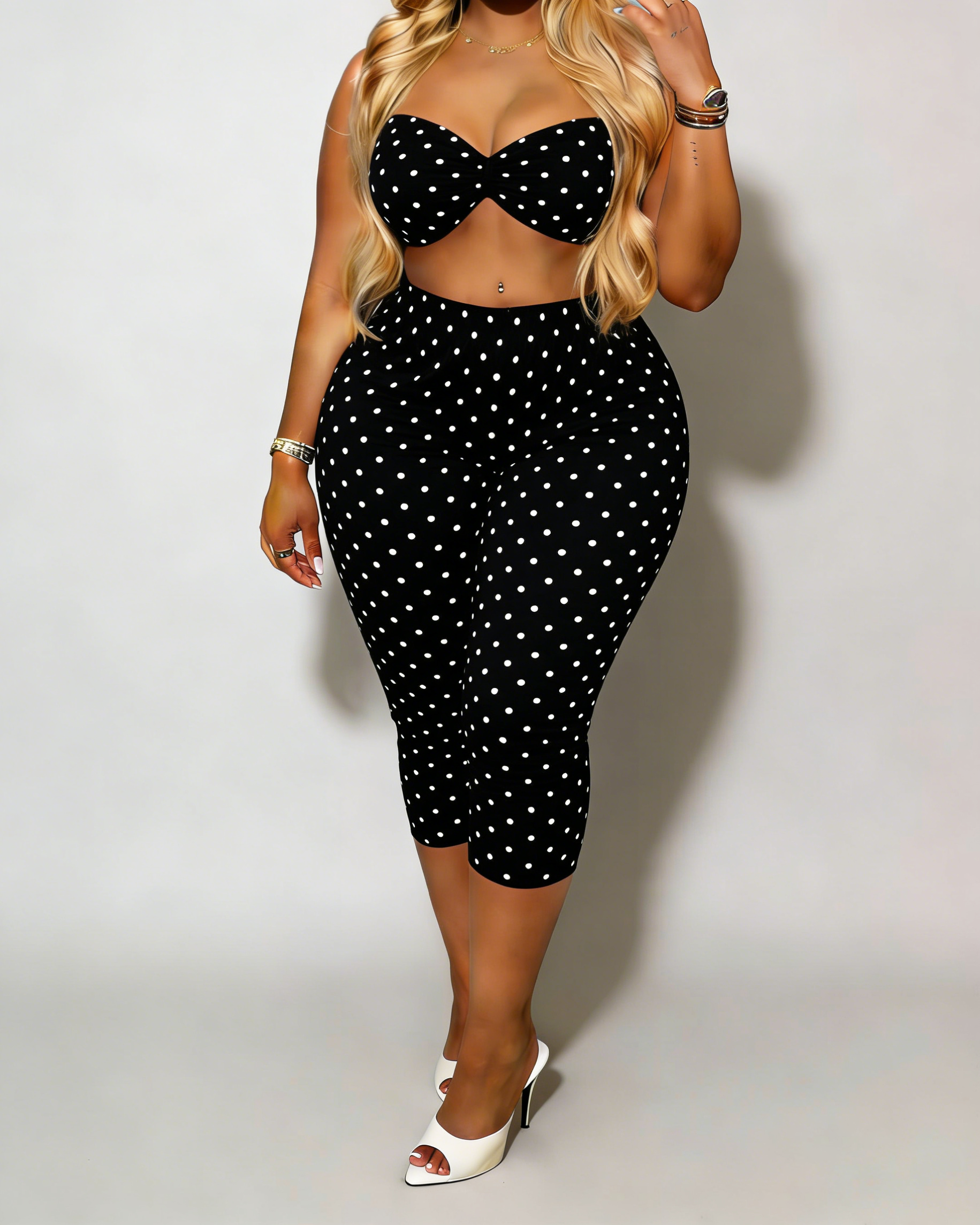 Polka Dot Print Sexy Hip-Lifting Capri Pants Set - By Qivii