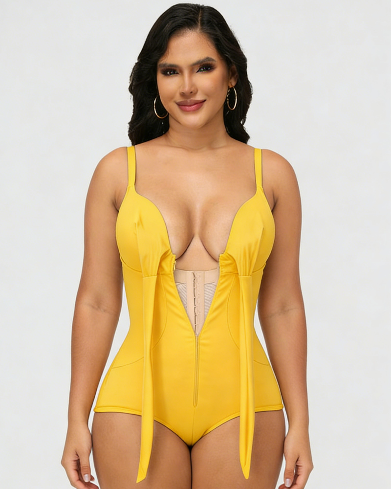 Shapshe® Shaping V Neck Swimsuit with Zipper and Bow - By Qivii