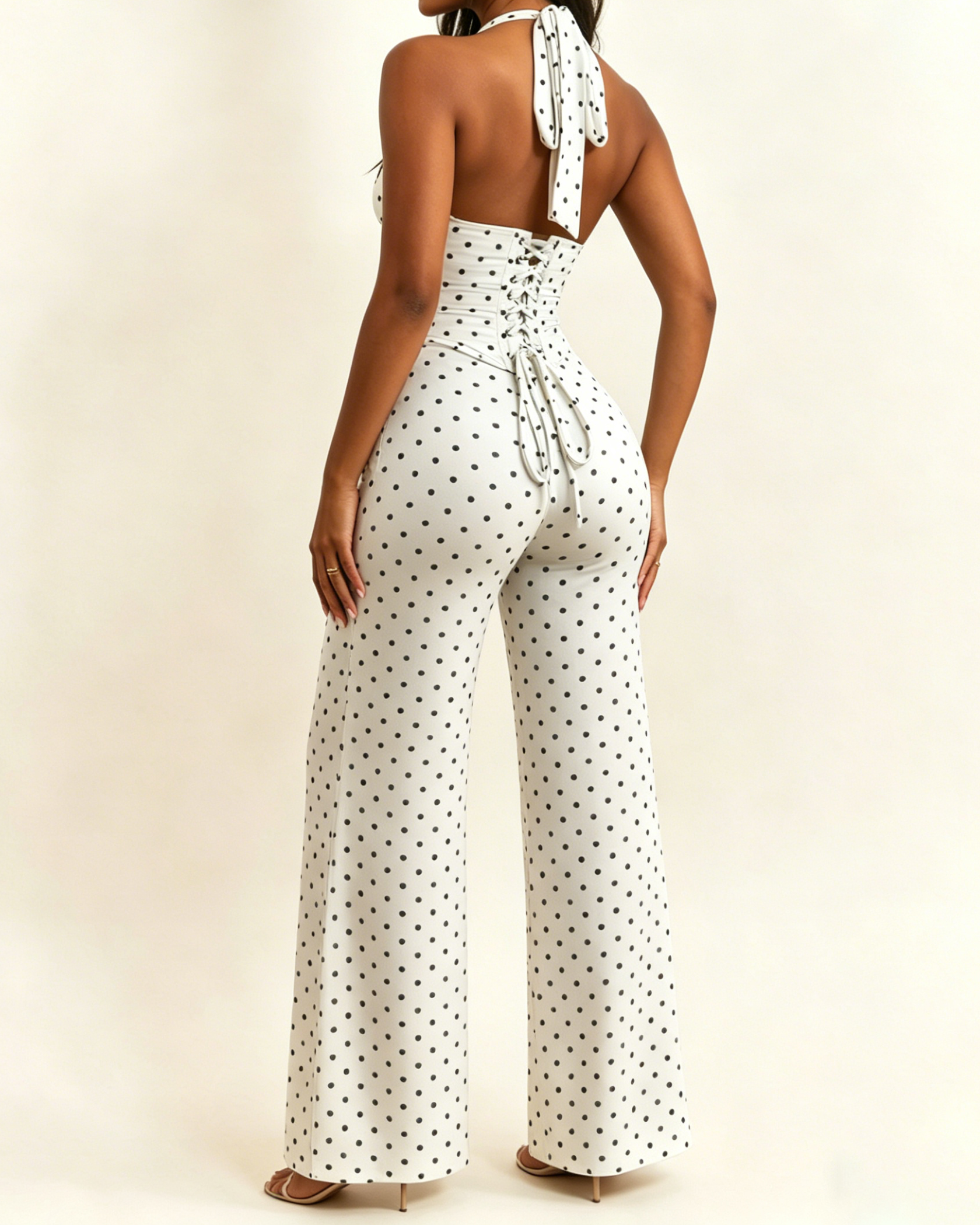 Polk Dot Halter-Neck Backless Detachable Corset Wide-leg Jumpsuit Two-Piece Set - By Qivii
