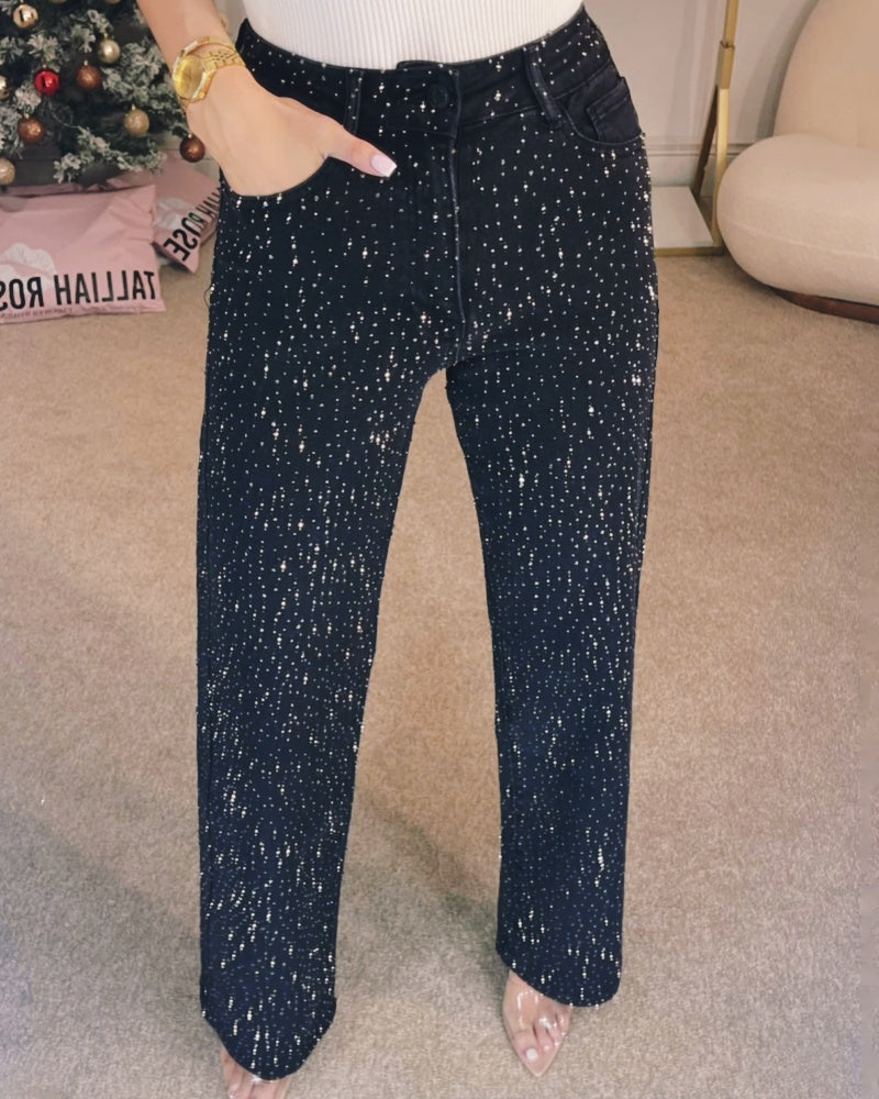 Women's Fashion Rhinestone Embellished Straight Leg Denim Jeans - By Qivii