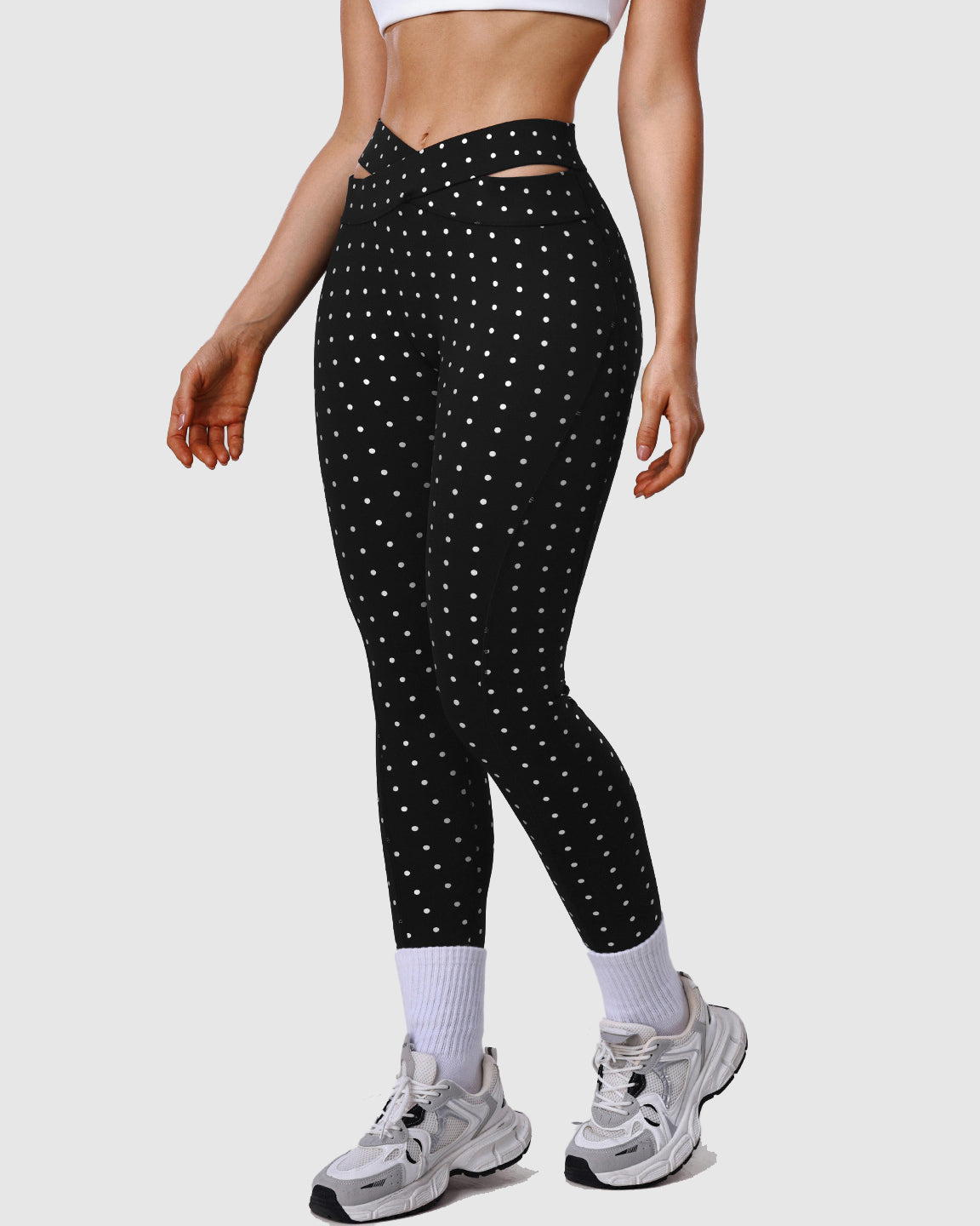 Silver Polka Dot Yoga Leggings Cross-cut Black Workout Pants - By Qivii